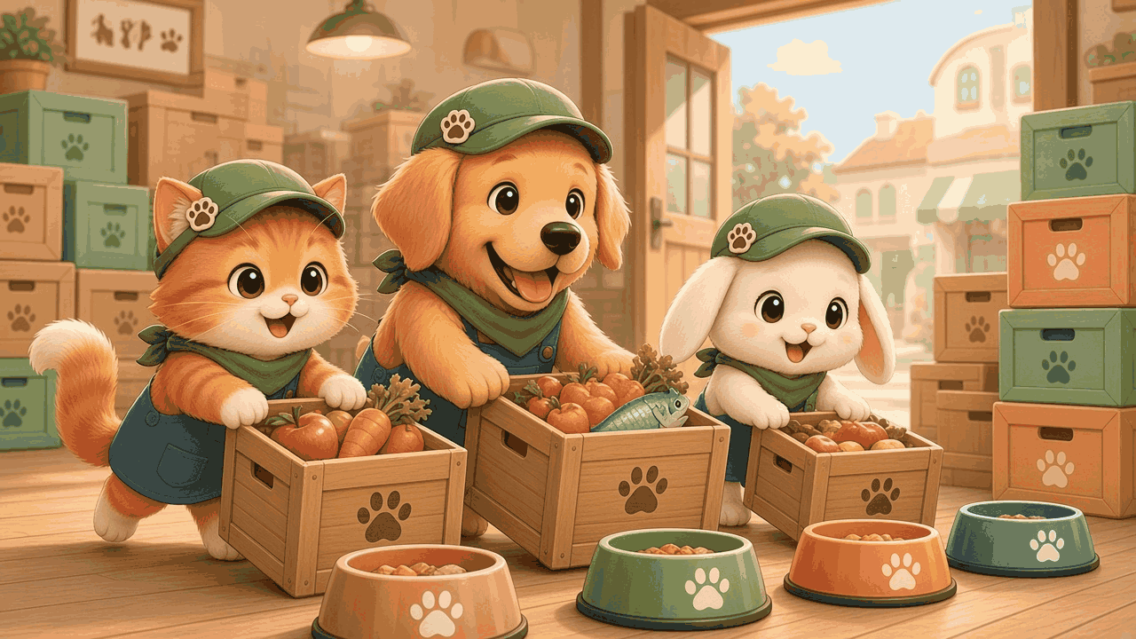 Cat, dog, and rabbit clerks in a sunny warehouse
